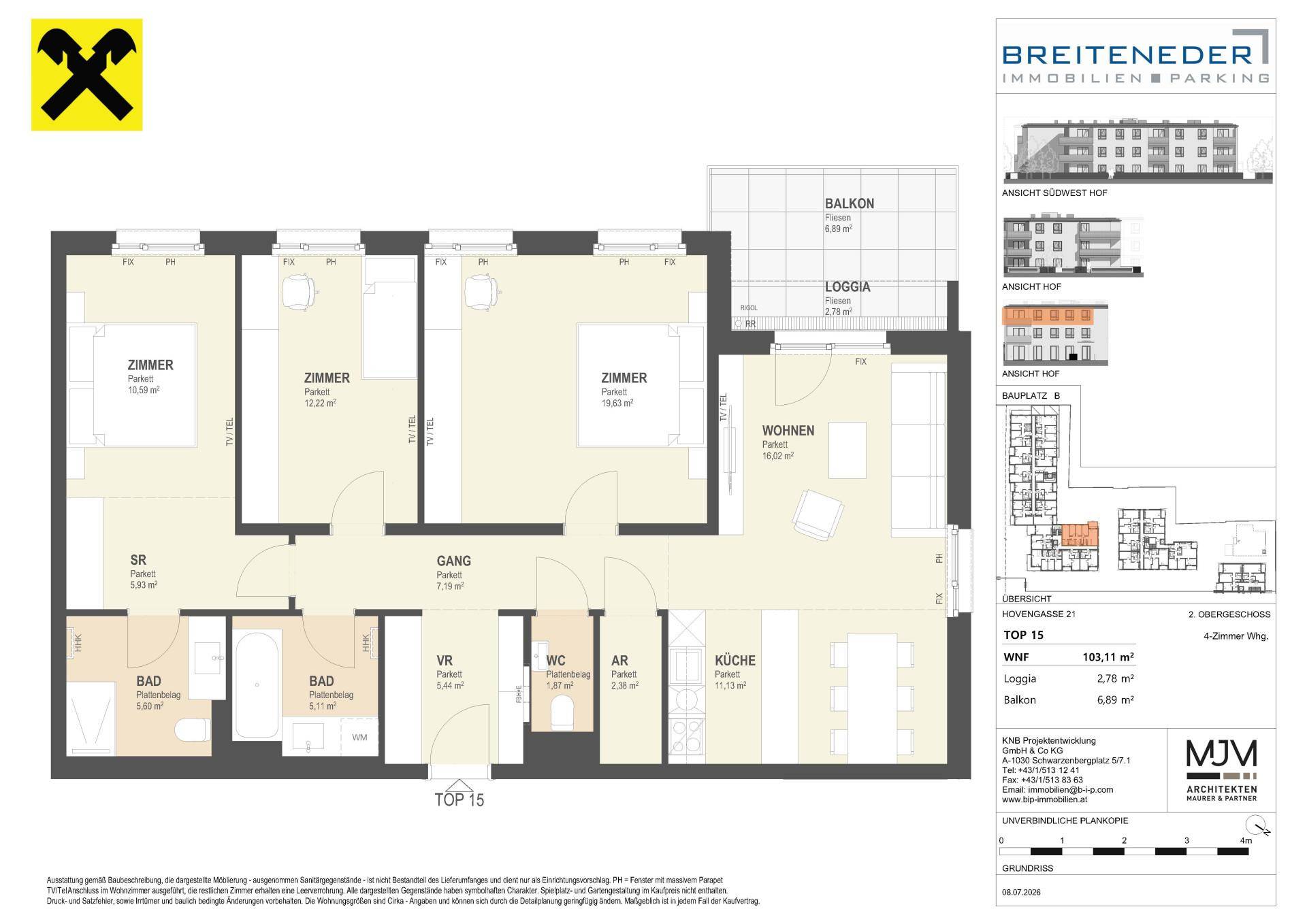 Grundriss einer 4-Zimmer-Wohnung mit Balkon und Loggia, inklusive Flächenangaben.