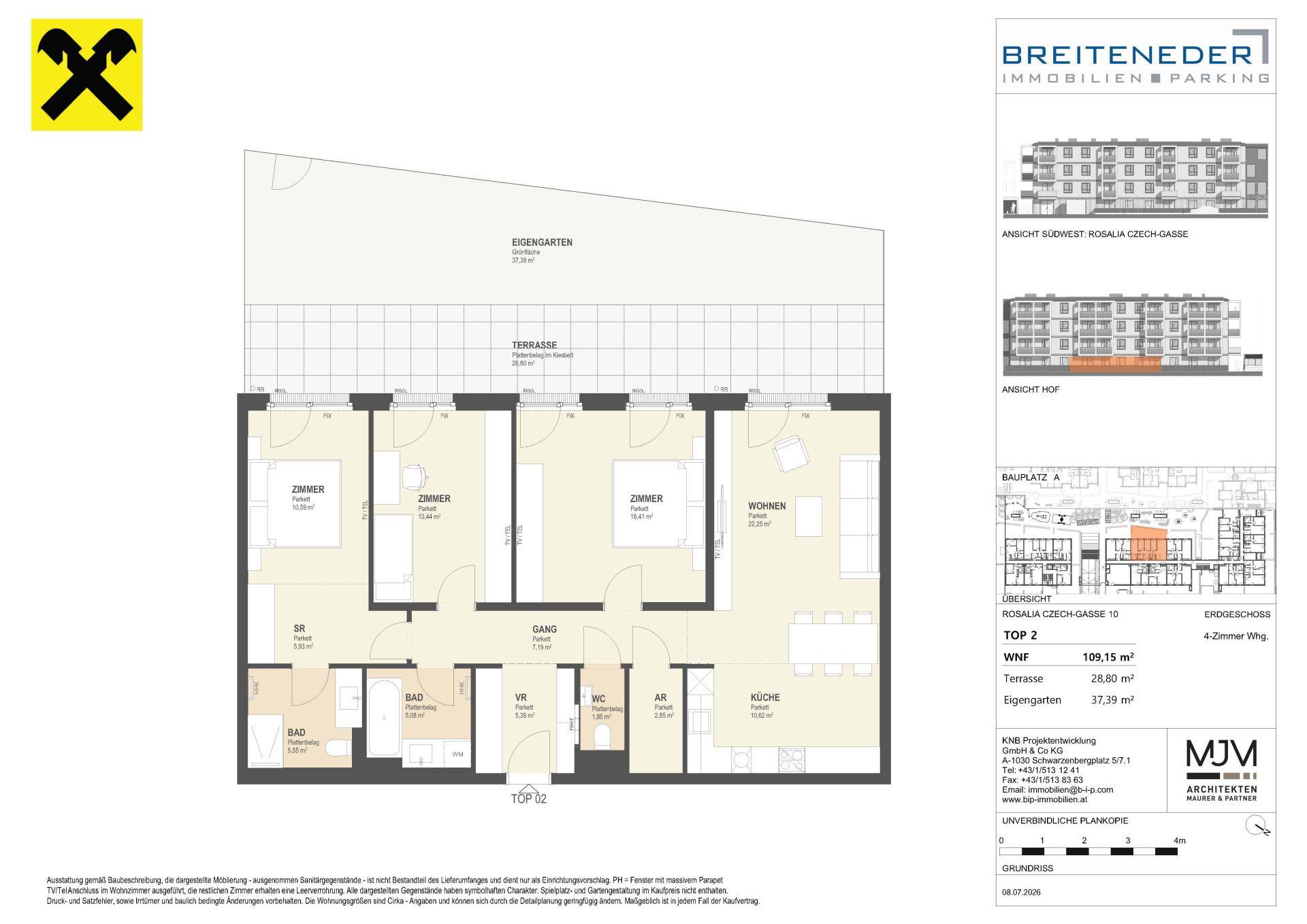 Grundriss einer 4-Zimmer-Wohnung mit Terrasse und eigenem Gartenbereich.