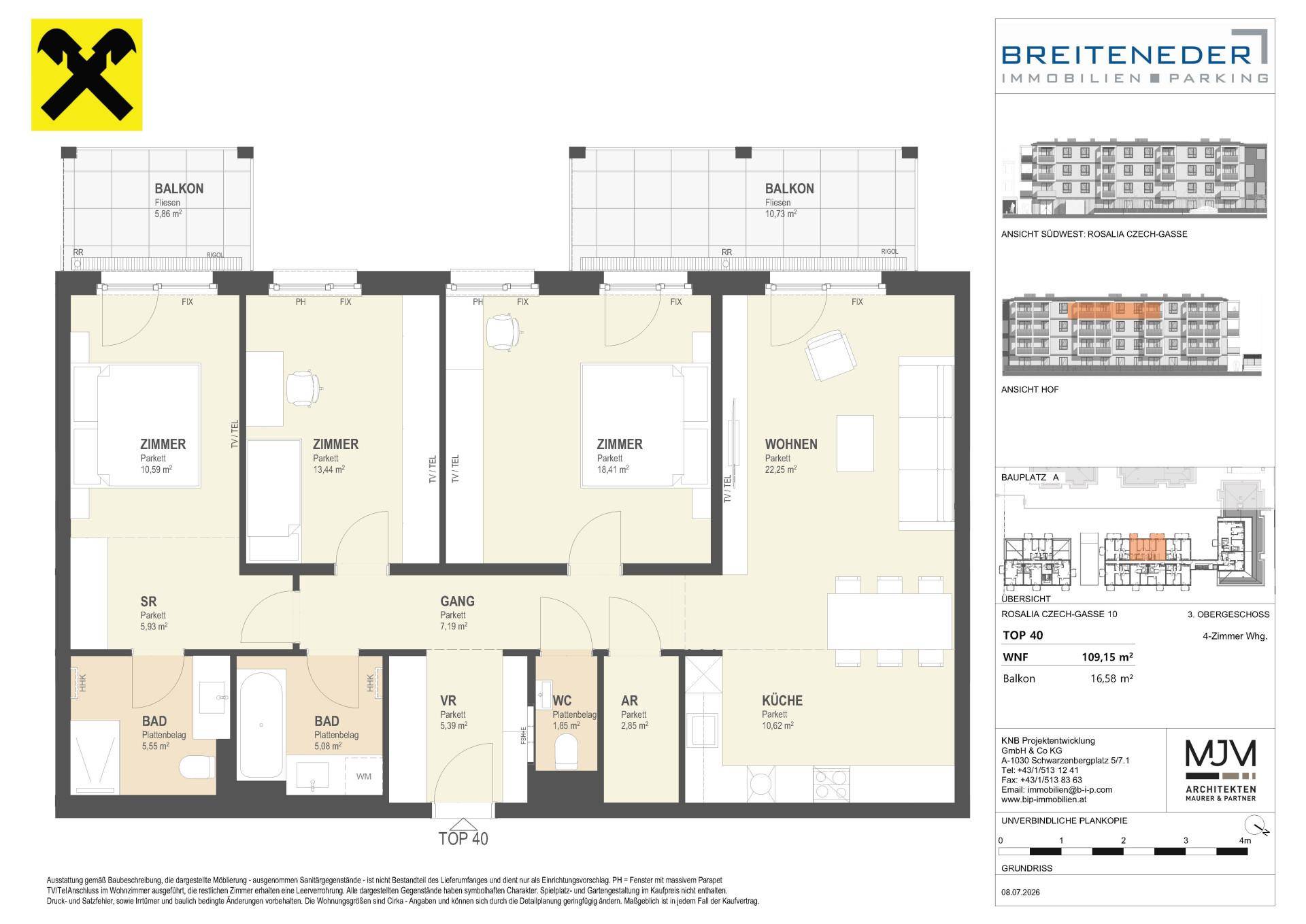 Grundriss einer 4-Zimmer-Wohnung mit zwei Bädern, separatem WC und zwei Balkonen.