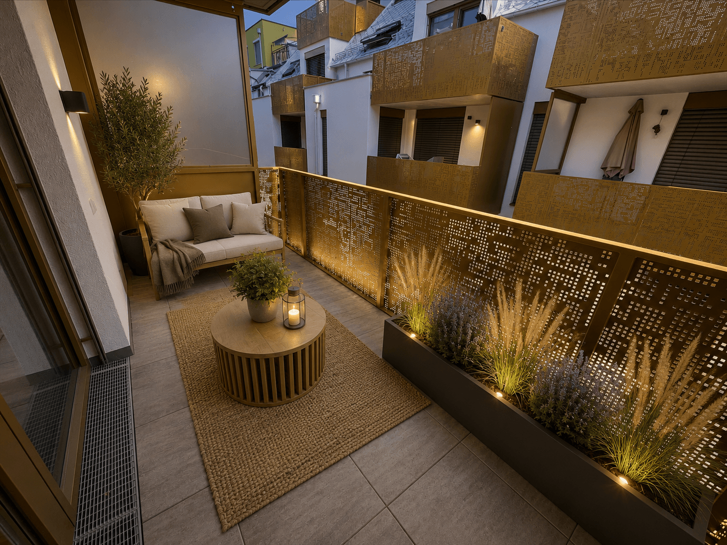 Moderner Balkon mit stilvoller Einrichtung, Pflanzen und dekorativer Metallbrüstung.