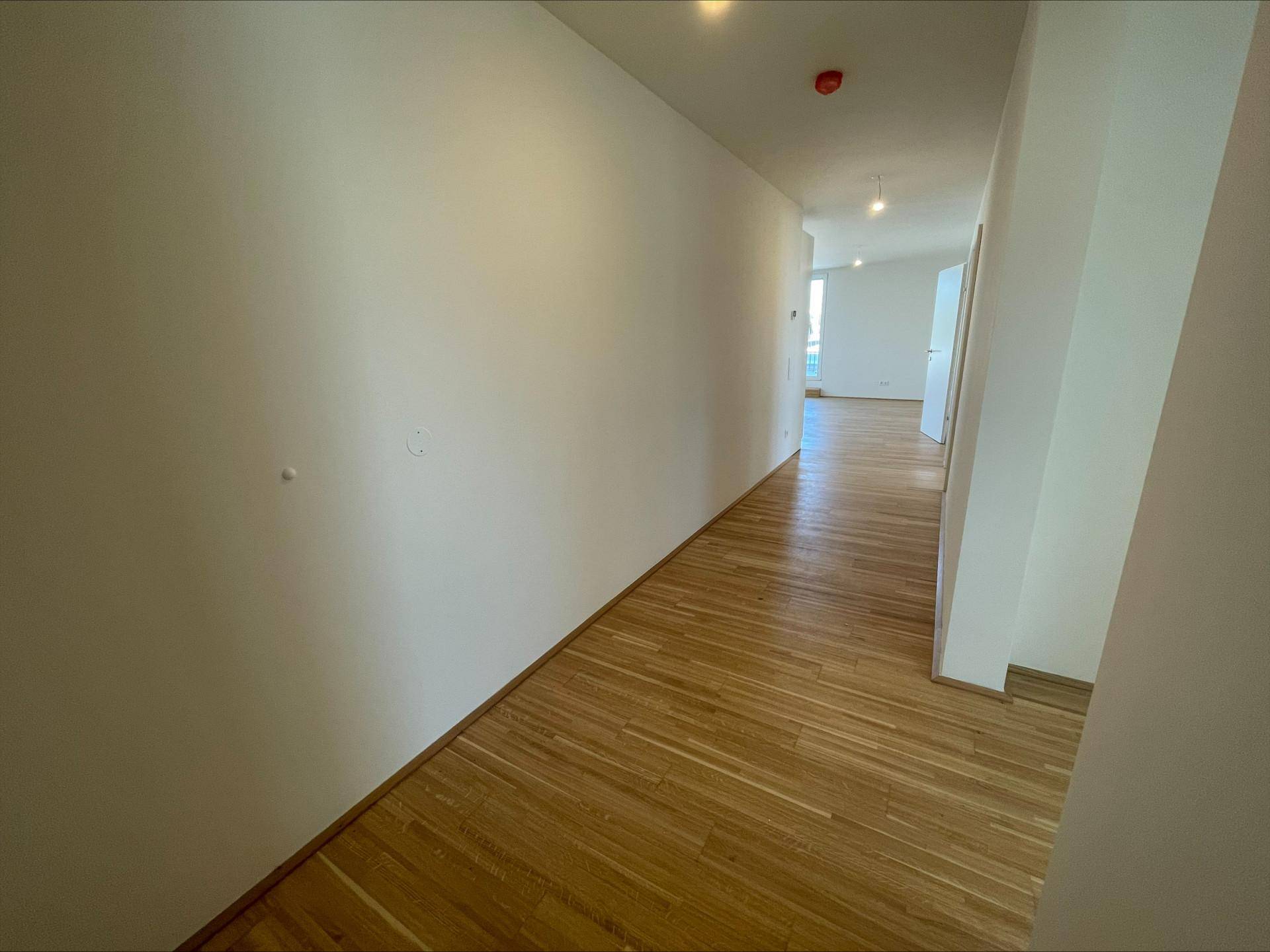 Heller Flur mit Holzboden und weißen Wänden, der zu den verschiedenen Räumen der Wohnung führt.