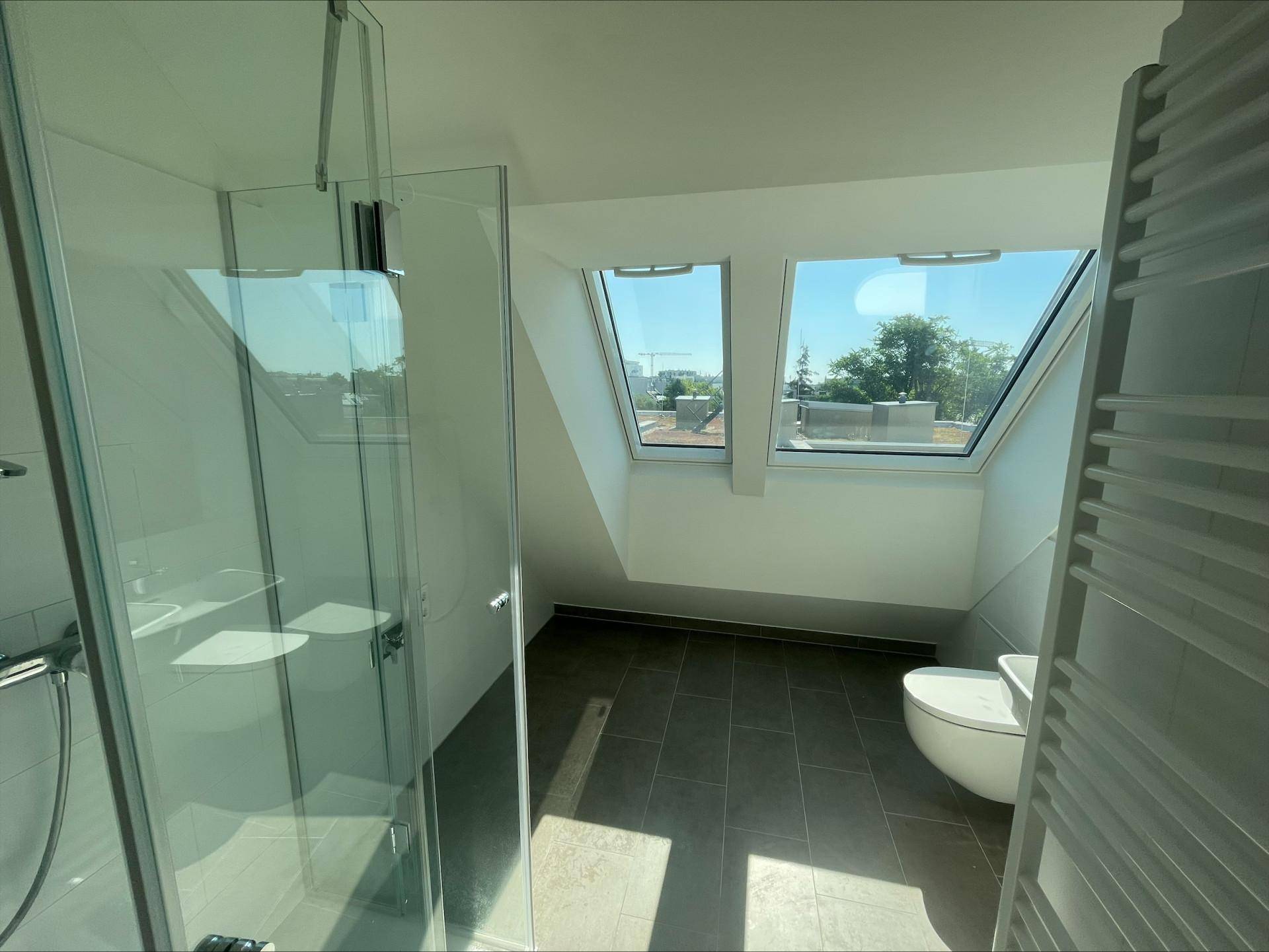 Modernes Badezimmer mit begehbarer Dusche, Wand-WC und Dachfenstern, die für helles Tageslicht sorgen.