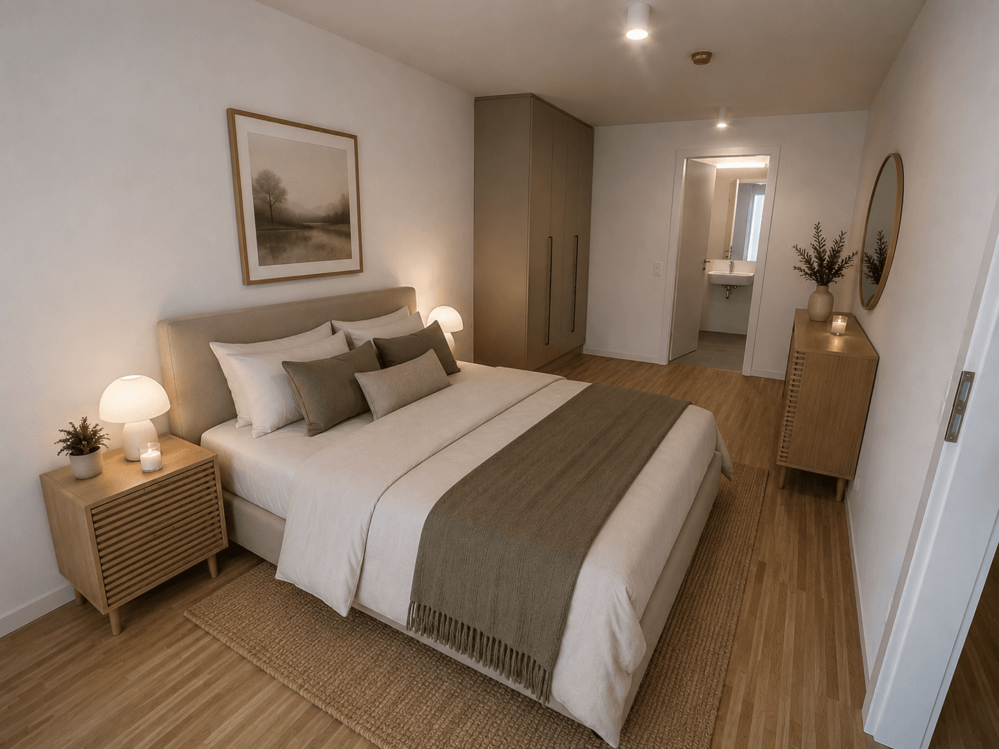 Modern eingerichtetes Schlafzimmer mit Holzboden, Einbauschränken und angrenzendem Bad.