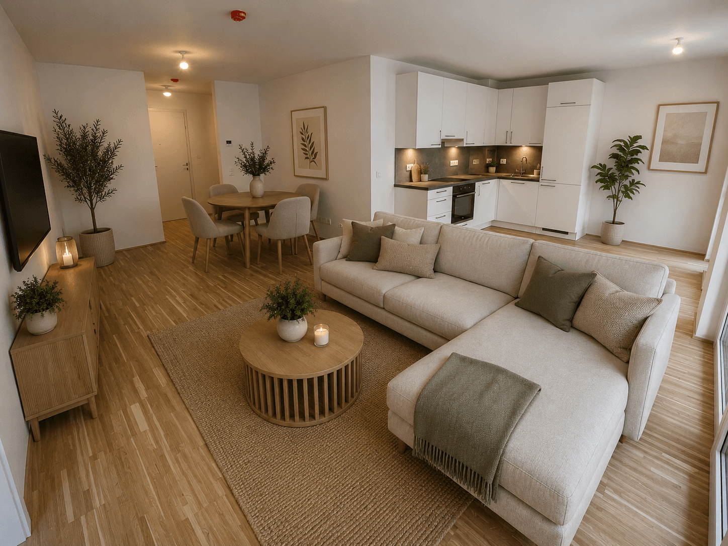 Heller, offener Wohn- und Essbereich mit integrierter Küche, modernem Design und Holzboden.