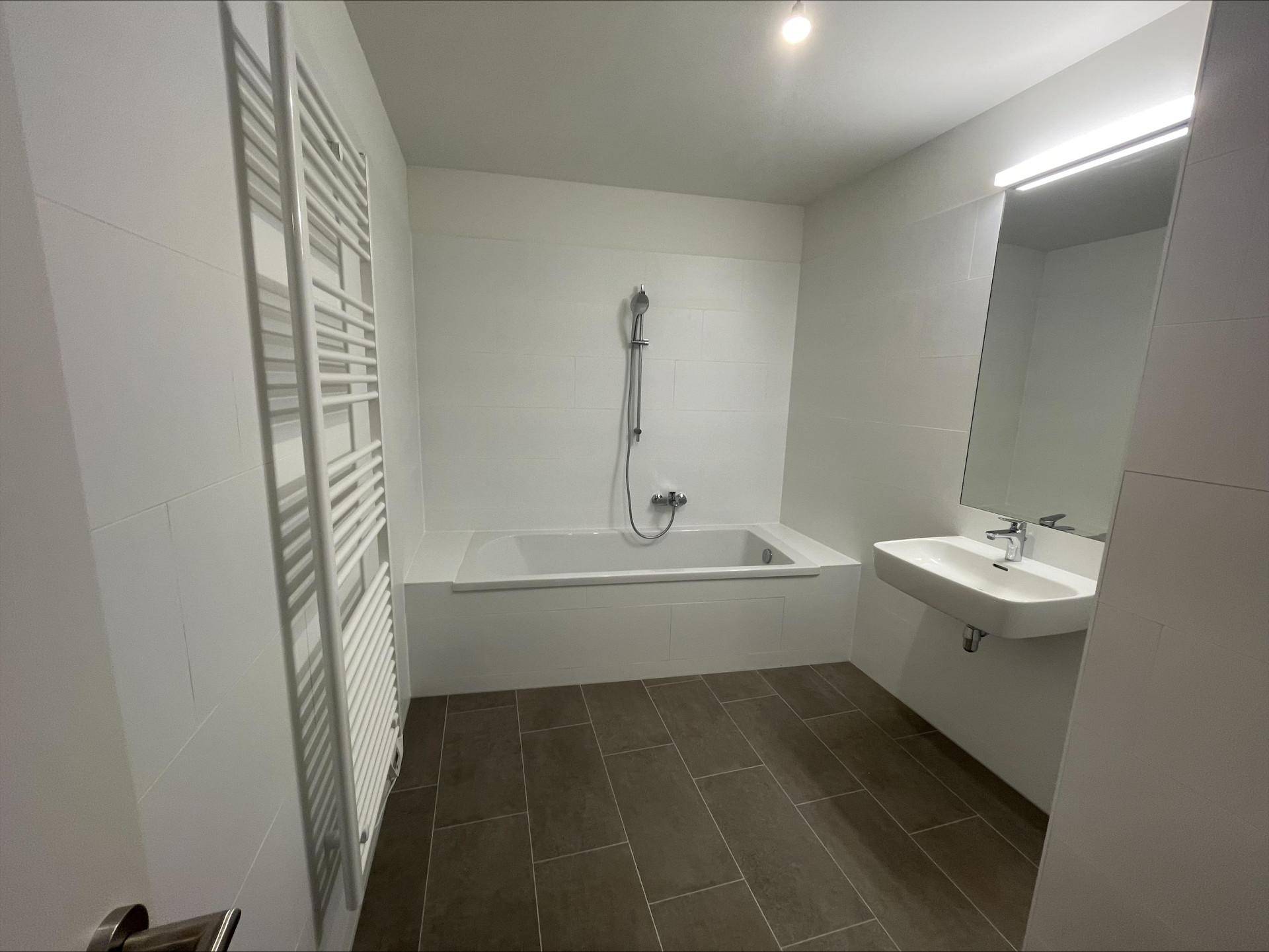 Modernes Badezimmer mit Badewanne, Duscharmatur, Waschbecken und beheiztem Handtuchhalter.