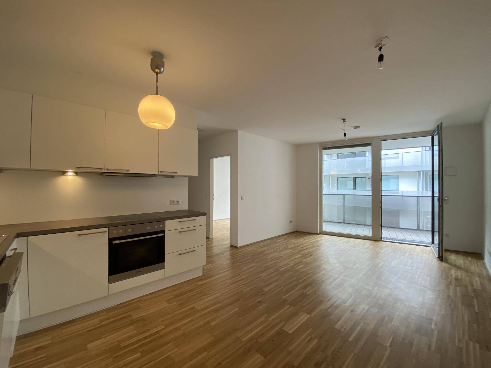 Heller offener Wohnbereich mit integrierter Küche, Parkettboden und Zugang zum Balkon.