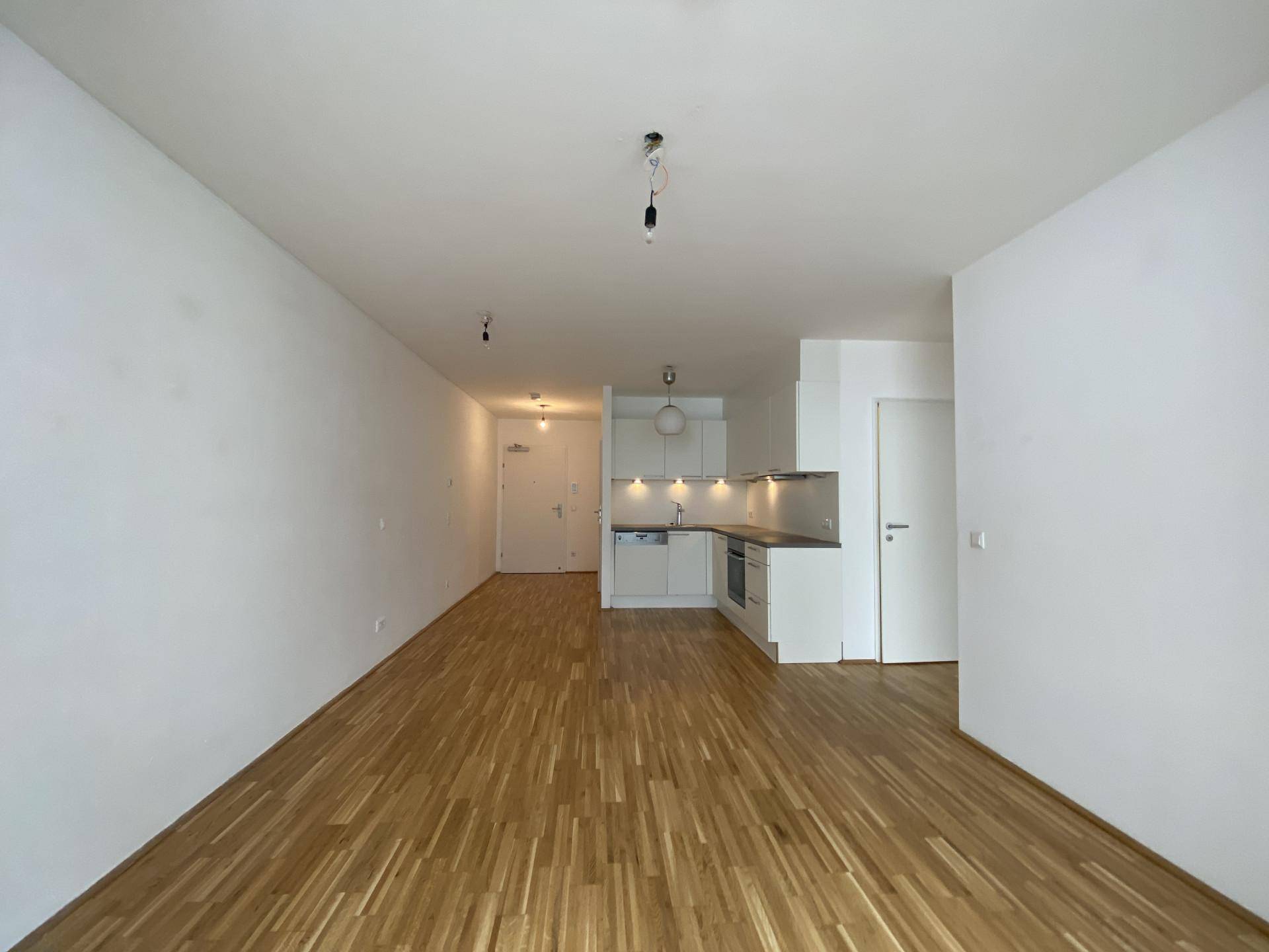 Weitläufiger Wohnbereich mit offener Küche und durchgehendem Holzparkett.