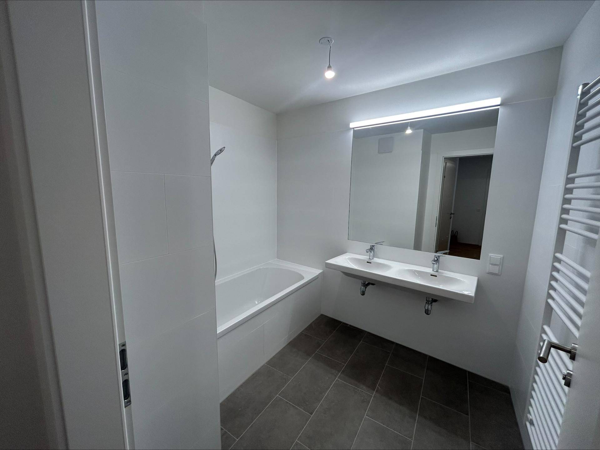 Modernes Badezimmer mit Badewanne, Doppelwaschbecken und beheiztem Handtuchhalter.