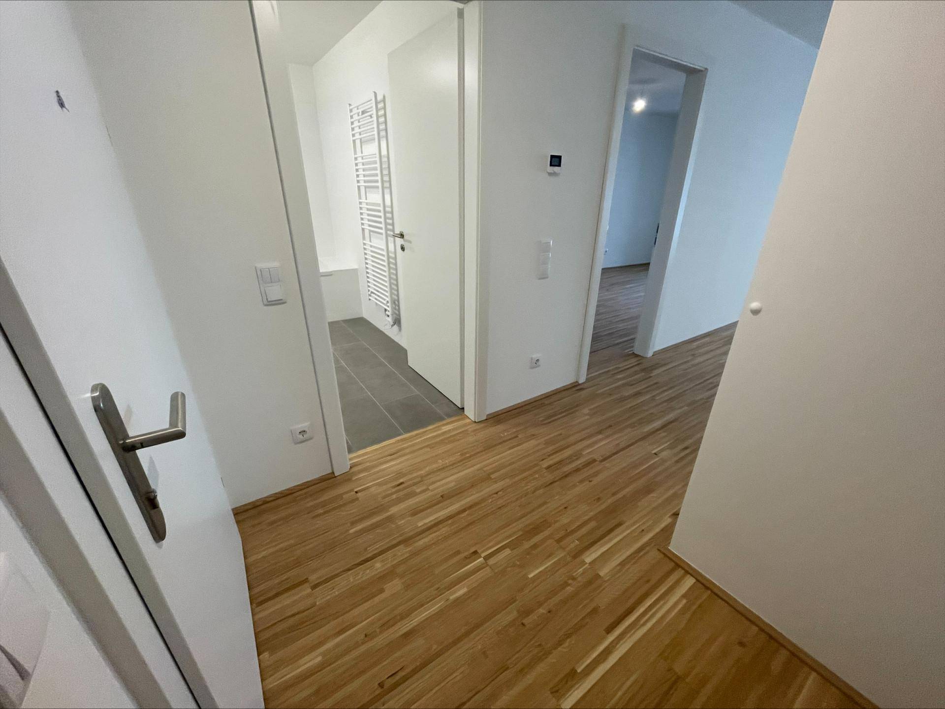 Heller Flur mit Holzboden, der zu verschiedenen Zimmern und dem Badezimmer führt.