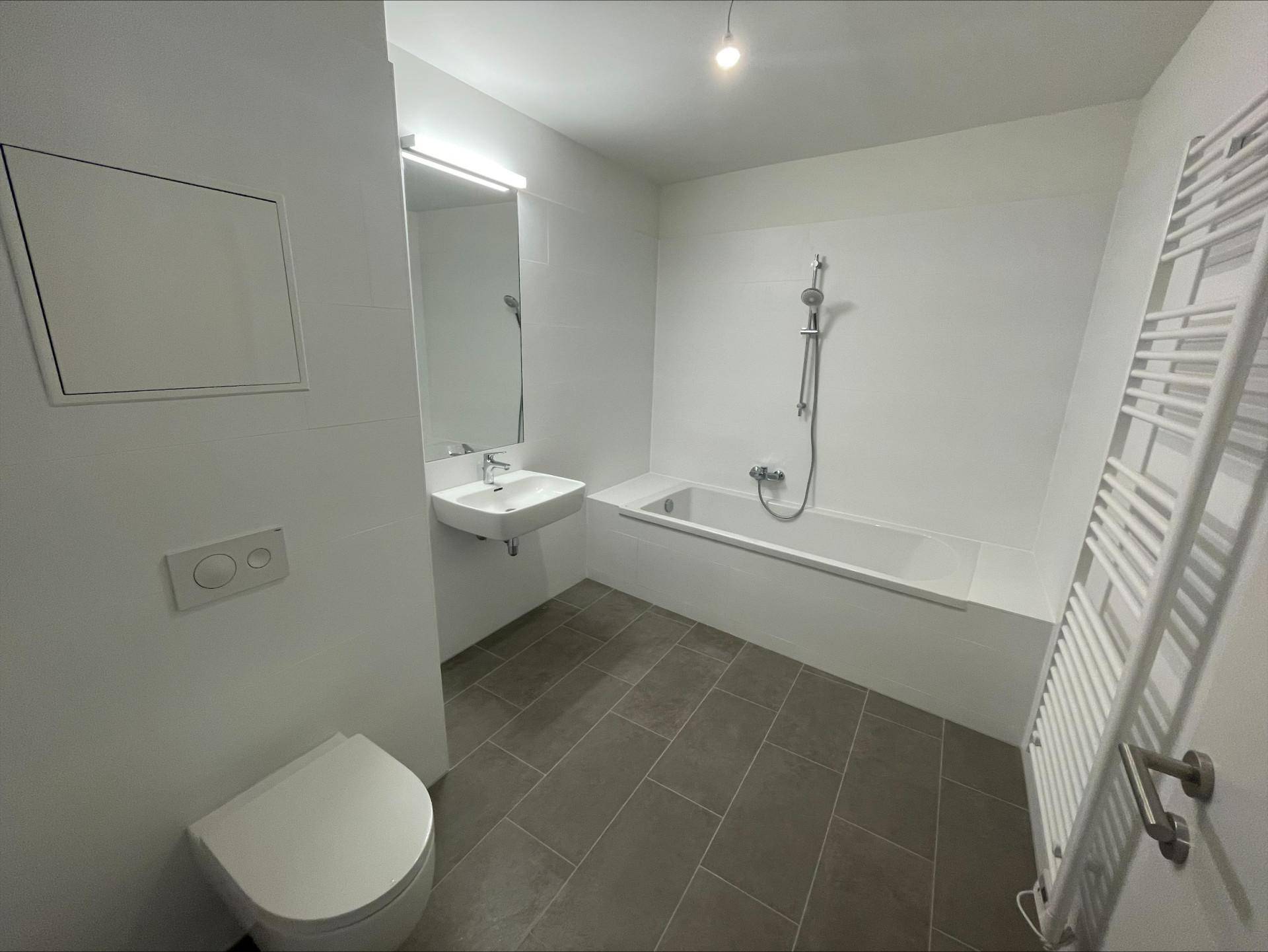 Modernes Badezimmer mit Badewanne, Wand-WC und beheiztem Handtuchhalter.