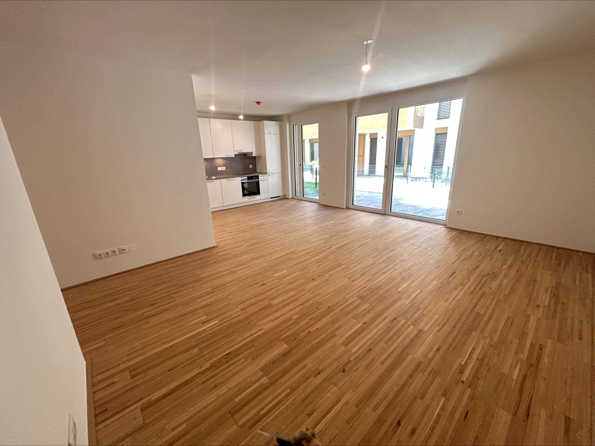 Lichtdurchfluteter Wohn- und Essbereich mit moderner Einbauküche und Zugang zu großen Fenstern.