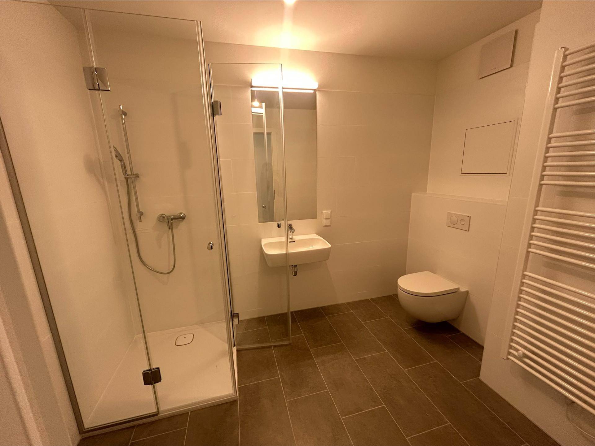 Modernes Badezimmer mit ebenerdiger Dusche, Wand-WC und beheiztem Handtuchhalter.