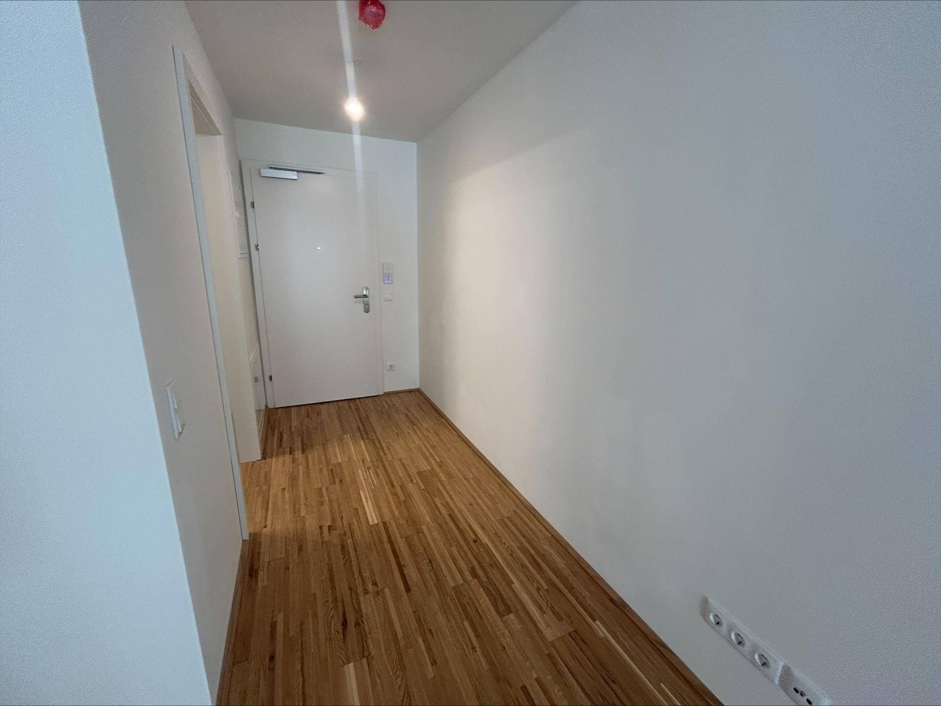 Heller Eingangsbereich mit Holzboden und weißer Tür, führt in die Wohnräume.