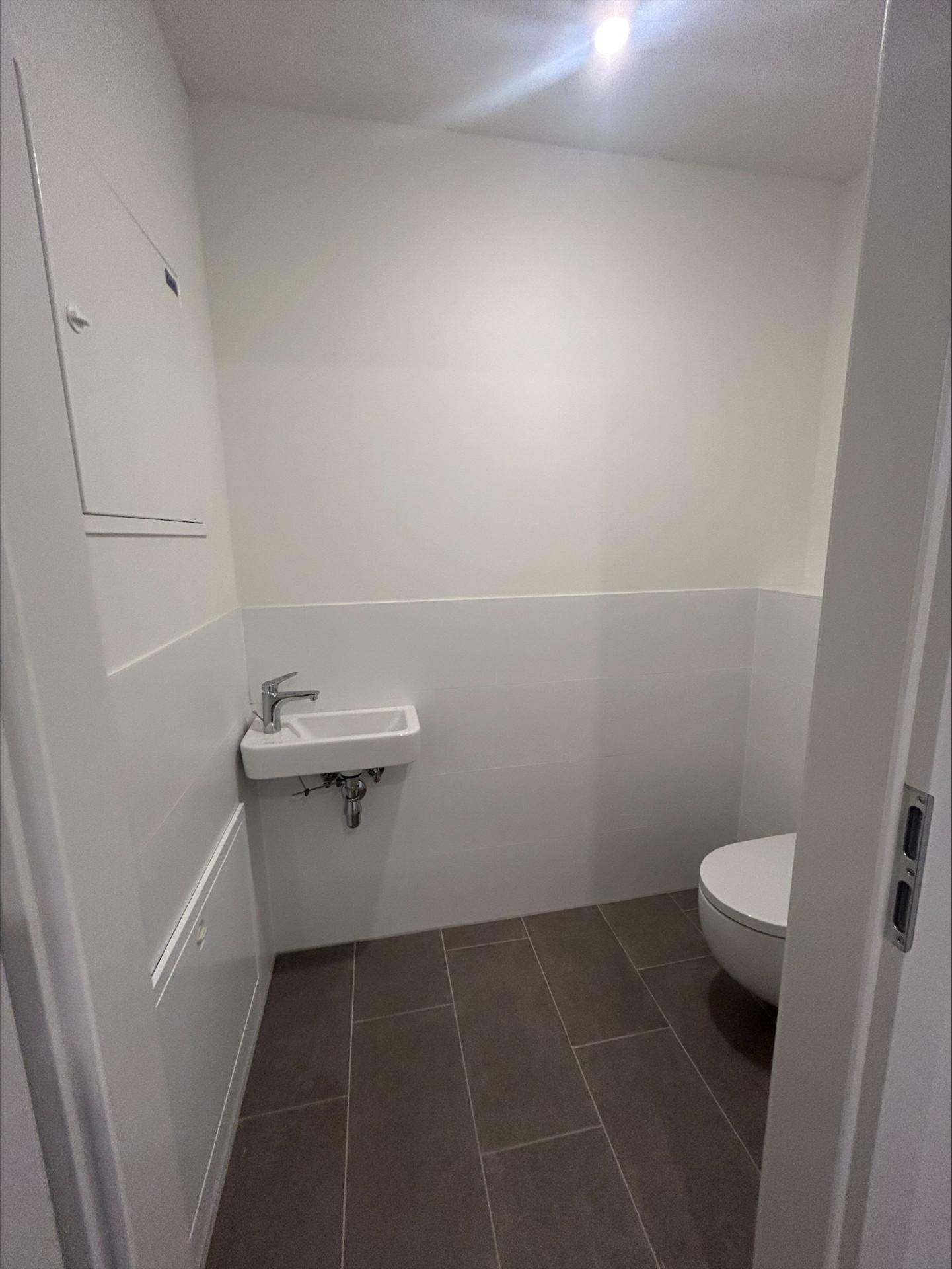 Separates Gäste-WC mit wandhängender Toilette und kleinem Waschbecken.