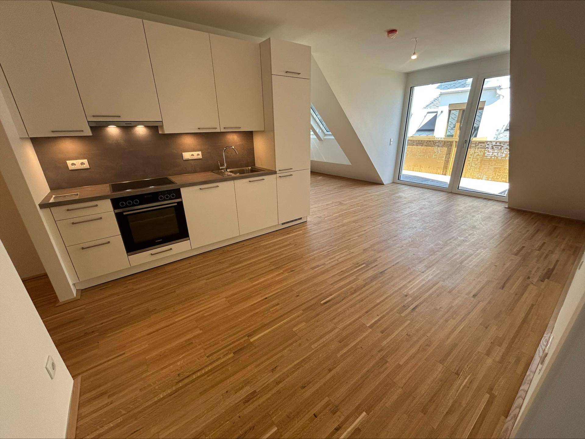 Moderne offene Küche mit Holzboden und Zugang zu einer Terrasse, kombiniert mit einem hellen Wohnbereich.