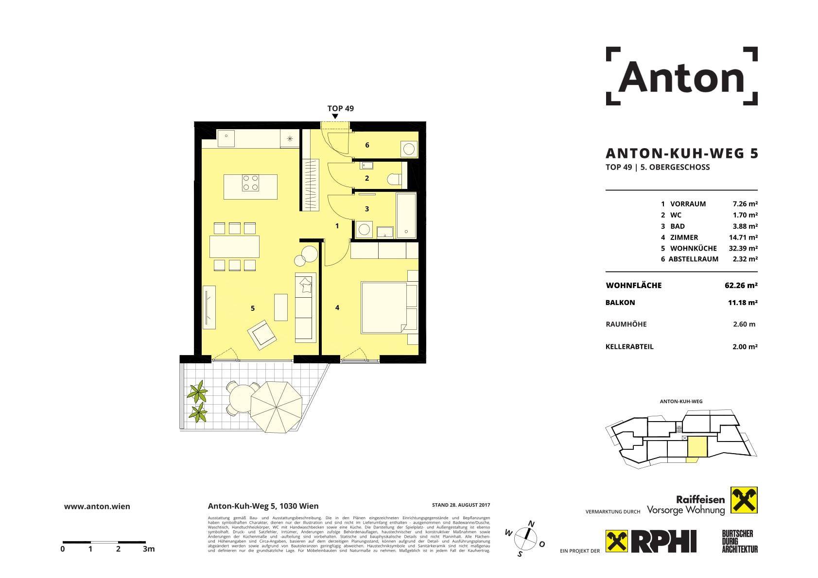 Detaillierter Grundriss der Wohnung mit Wohnfläche von 62,26 m² und Balkon.