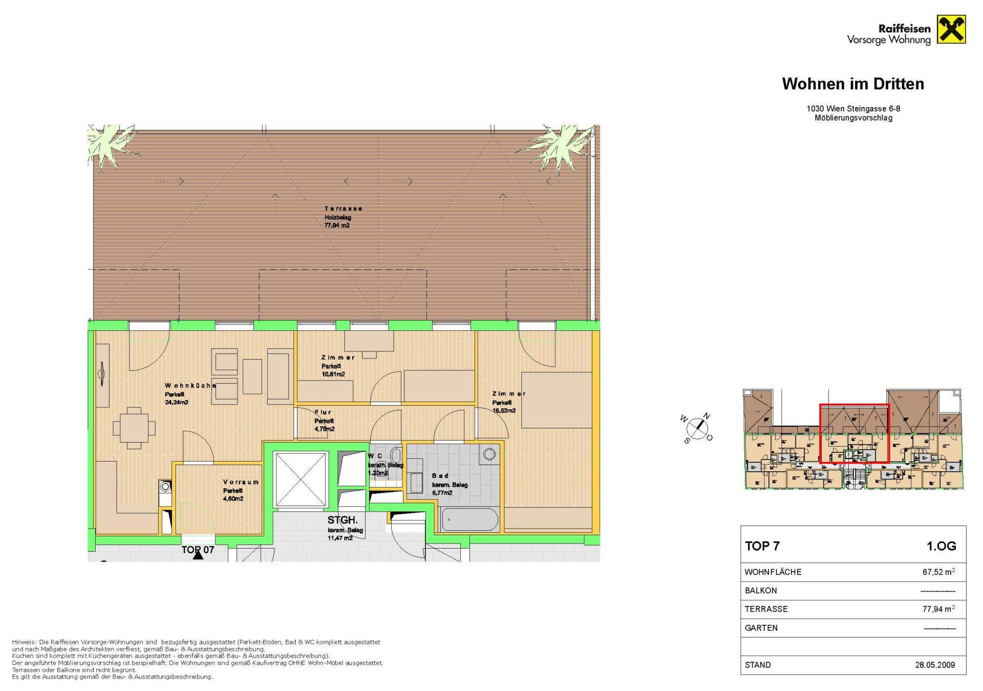 Detaillierter Grundriss einer Wohnung mit Terrasse und Gartenbereich, zeigt die Raumaufteilung.