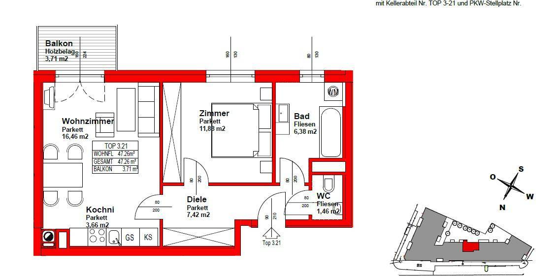 Grundriss einer Wohnung mit Wohnzimmer, Schlafzimmer, Bad, WC und Balkon.