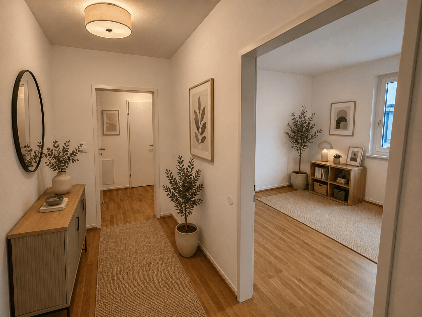Heller Flur mit Holzboden und moderner Dekoration, führt in angrenzende Räume.