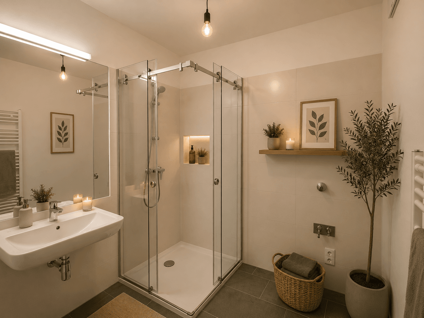 Modernes Badezimmer mit Duschkabine, Waschbecken und beheiztem Handtuchhalter.