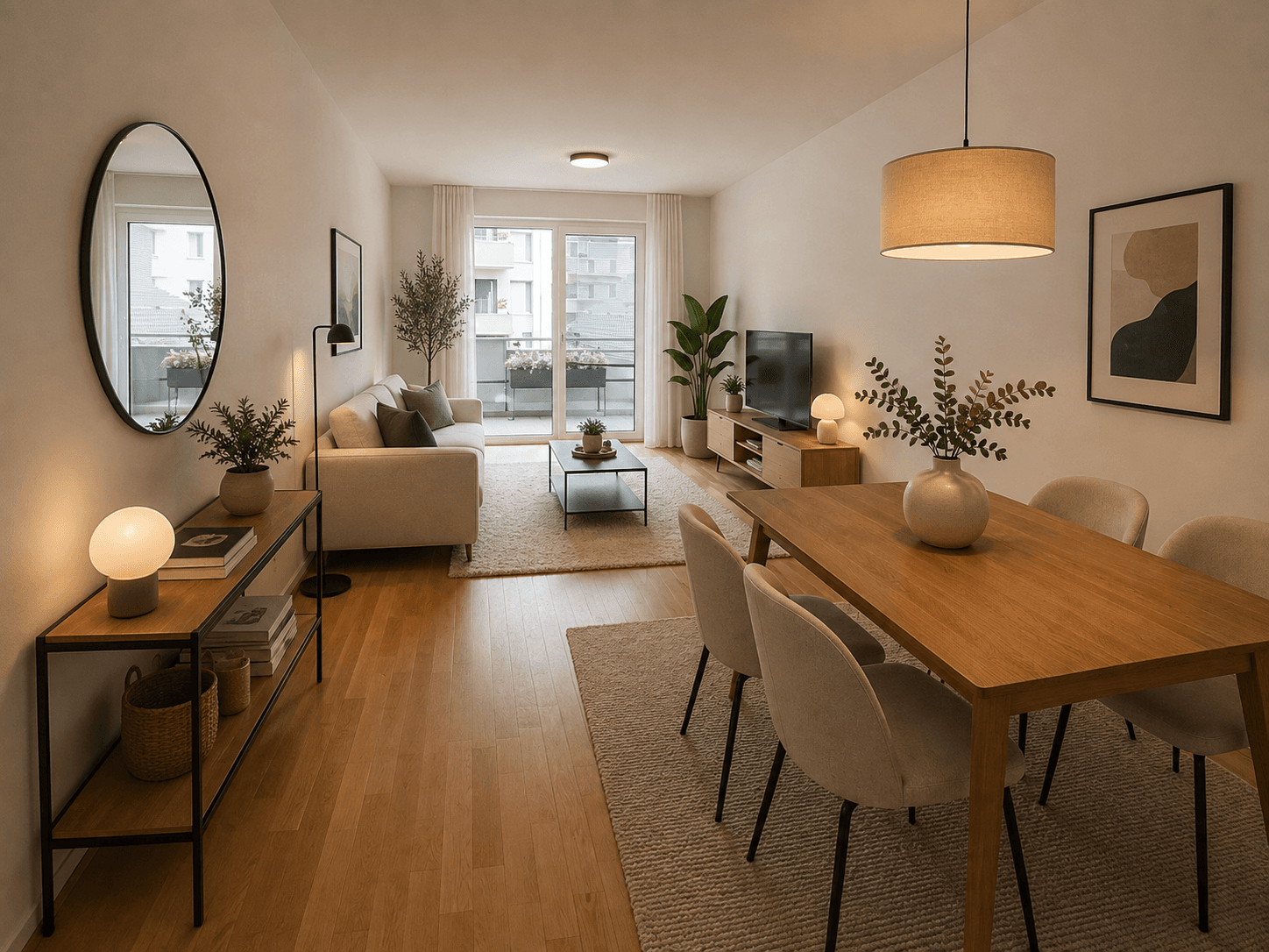 Heller Wohn- und Essbereich mit Holzboden, modernen Möbeln und Zugang zum Balkon.