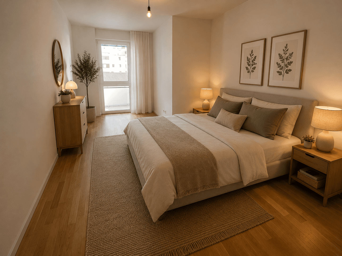 Modernes Schlafzimmer mit Doppelbett, Holzboden und Zugang zu einem französischen Balkon.