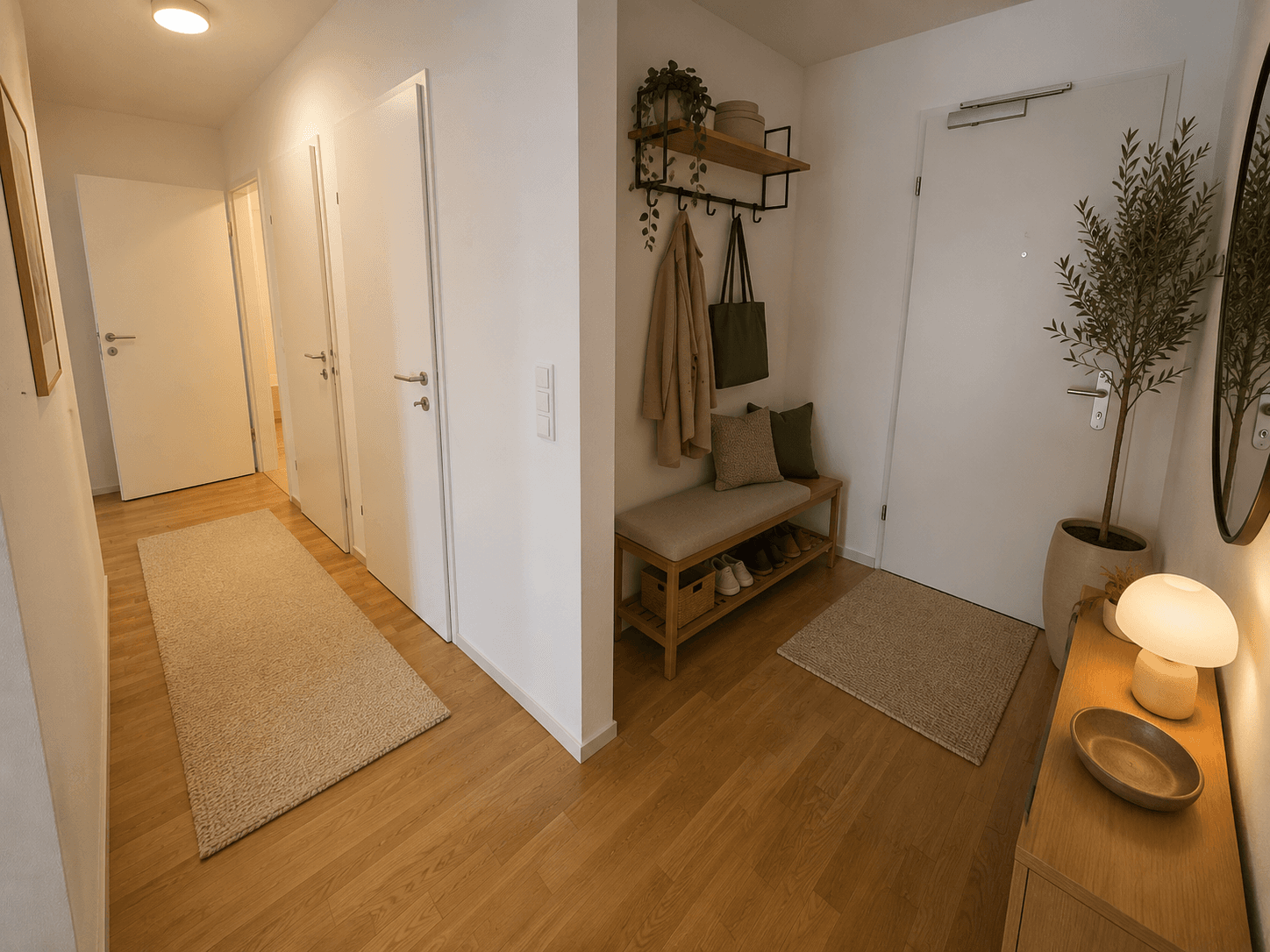 Heller Eingangsbereich mit Holzboden, Garderobe und Spiegel.