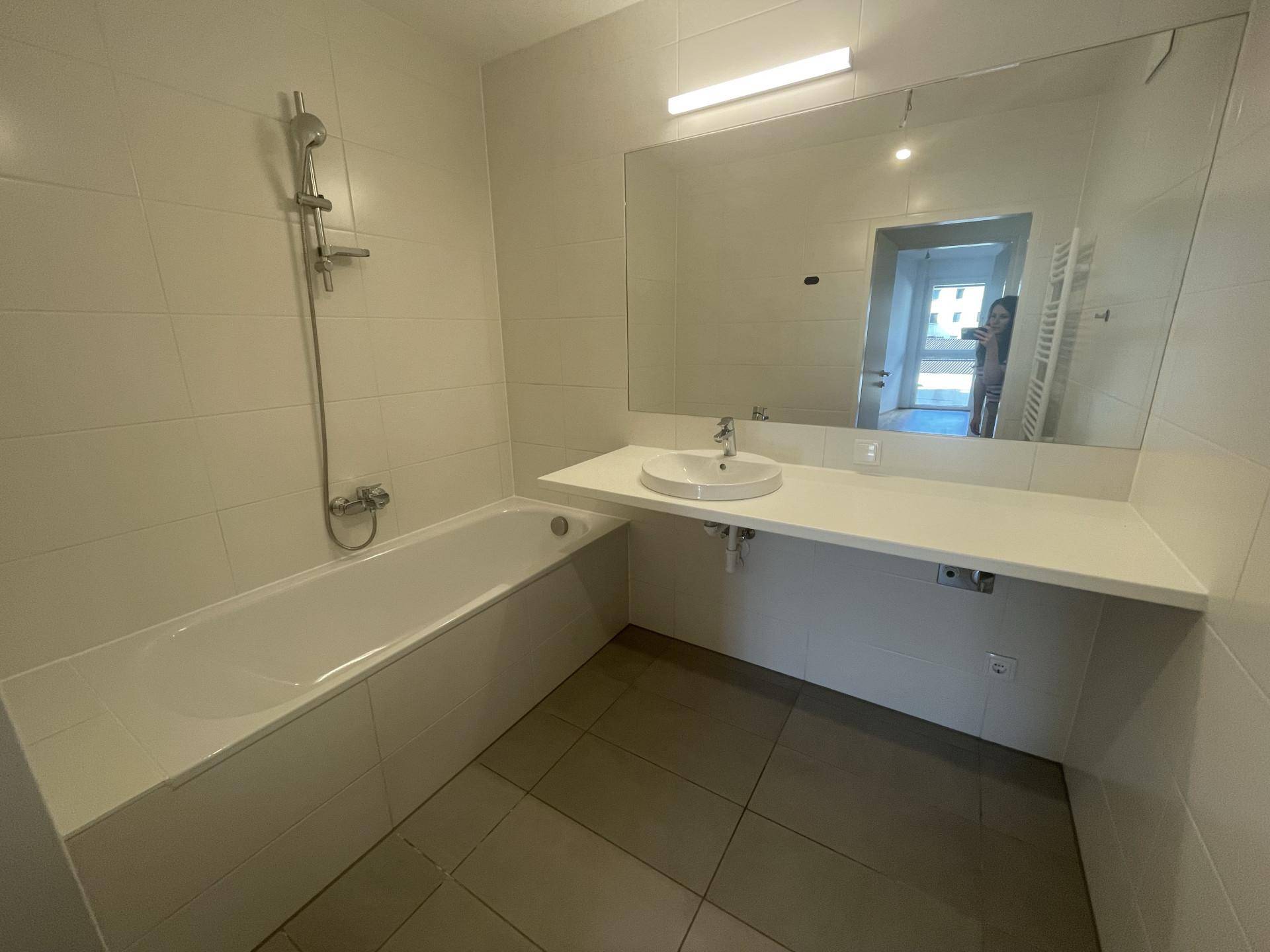 Modernes Badezimmer mit Badewanne, Einzelwaschbecken und großem Spiegel.