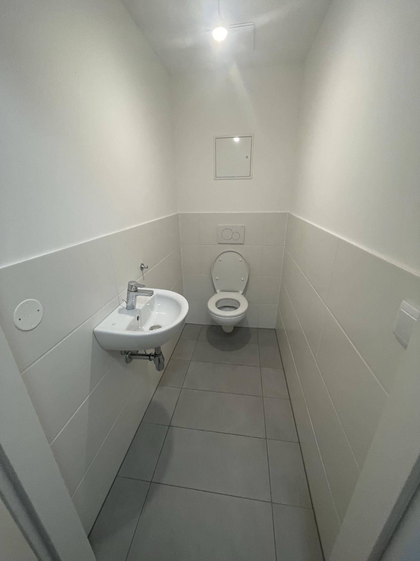 Funktionales Gäste-WC mit Toilette und kleinem Handwaschbecken.