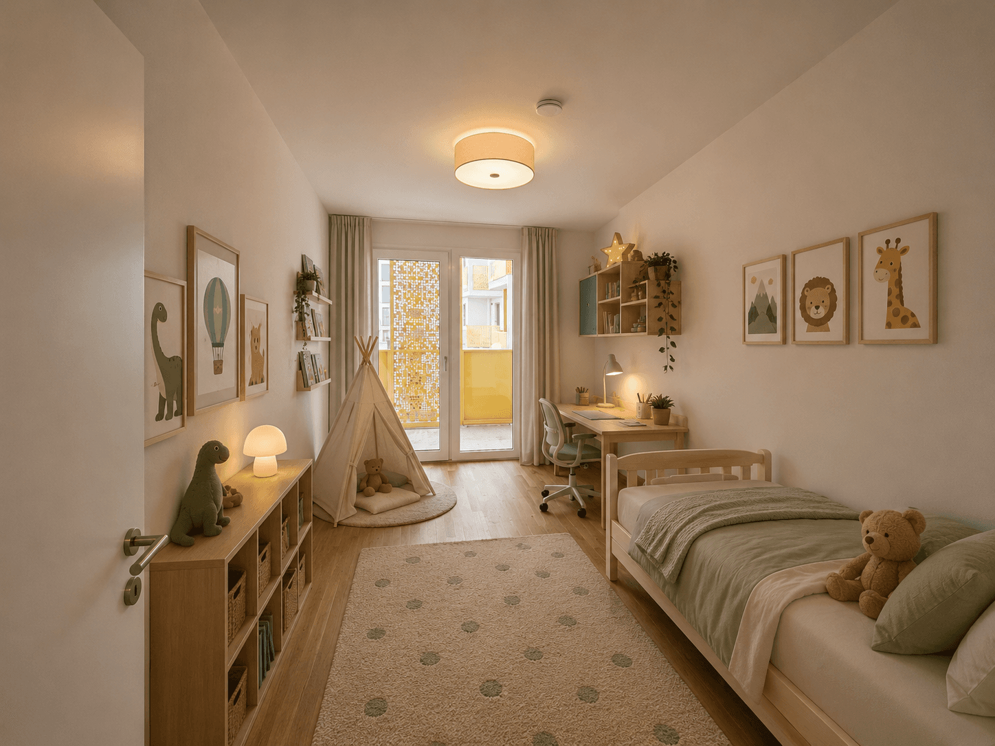 Kinderzimmer mit Holzboden, Einzelbett, Spielzelt und Zugang zu einem Balkon.