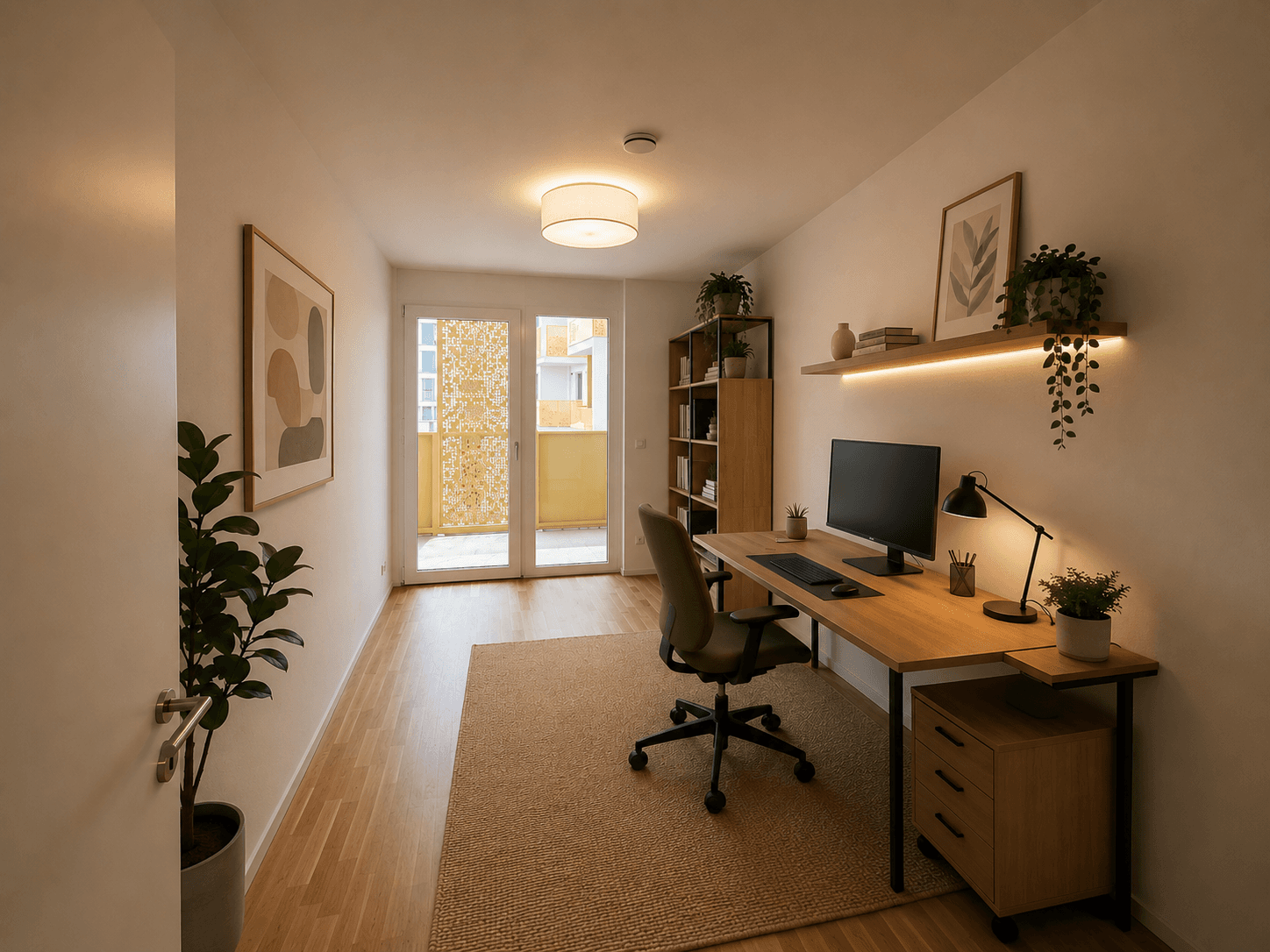 Modernes Arbeitszimmer mit Holzboden, Schreibtisch, Regal und Zugang zu einem Balkon.