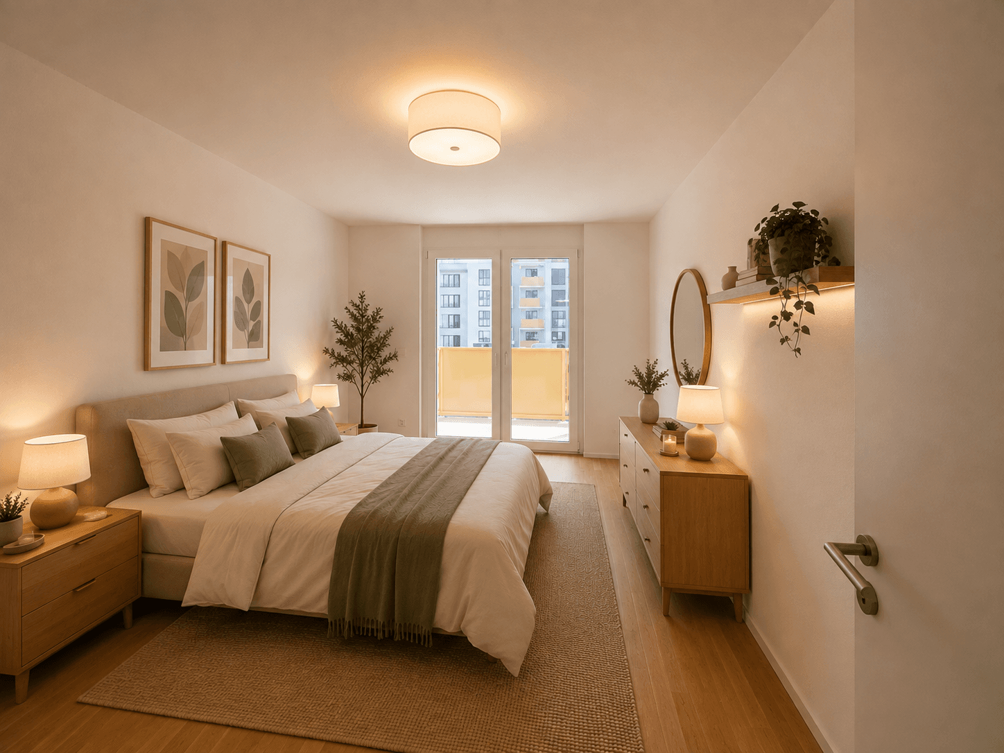 Gemütliches Schlafzimmer mit Holzboden, Doppelbett, Nachttischen und Zugang zu einem Balkon.
