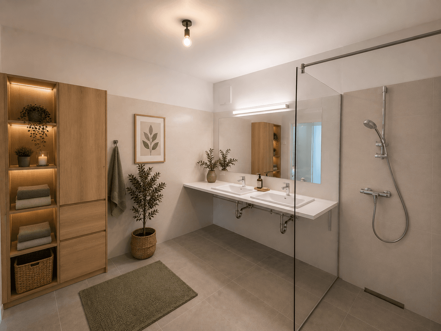 Modernes Badezimmer mit Doppelwaschbecken, großer Dusche und Holzschrank mit Beleuchtung.