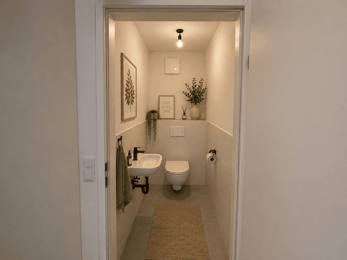 Kleines Gäste-WC mit Wand-WC, Handwaschbecken und modernem Design.