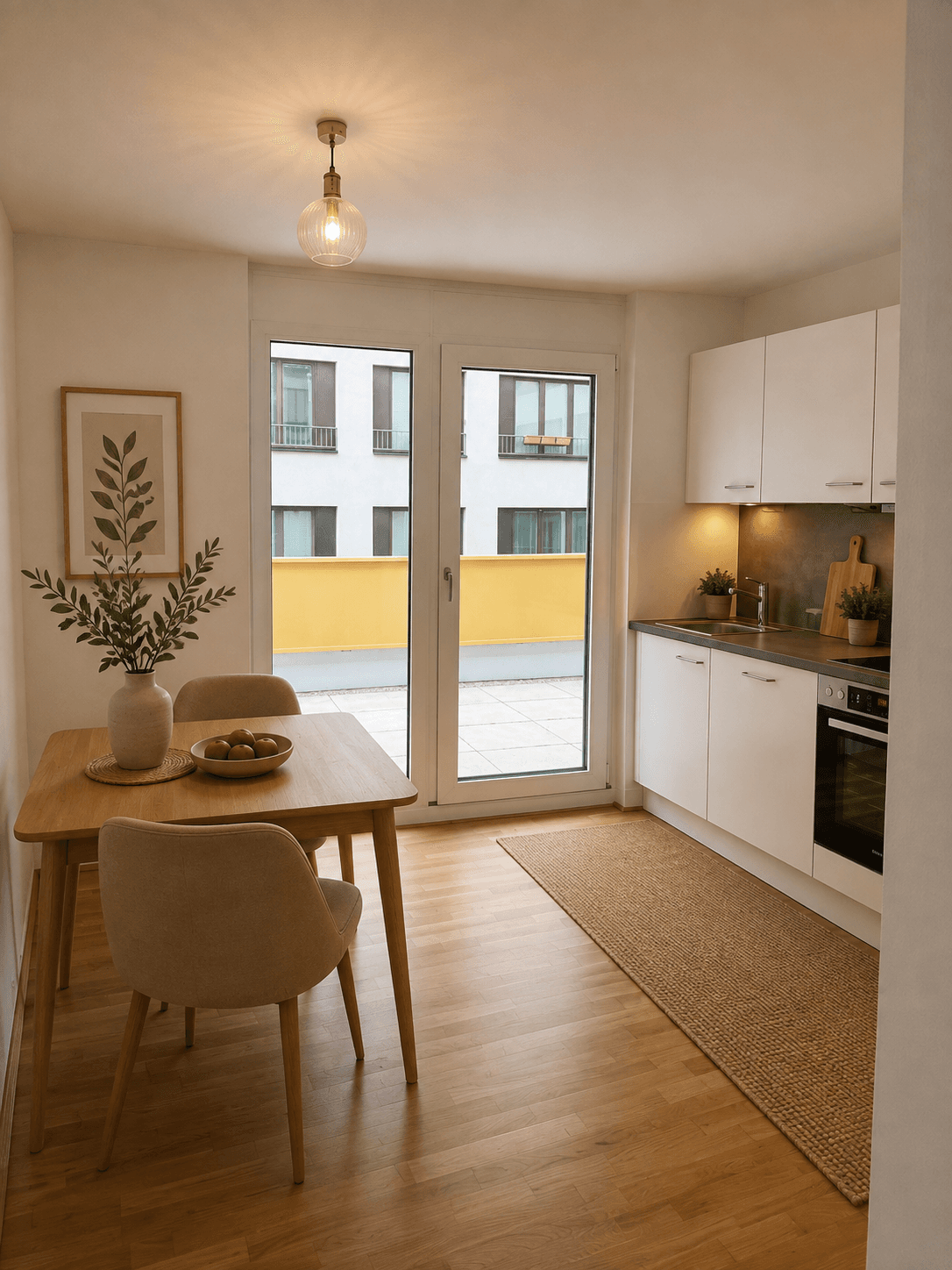 Kleine, helle Küche mit weißer Einbauküche, Essbereich und Zugang zu einer Terrasse.