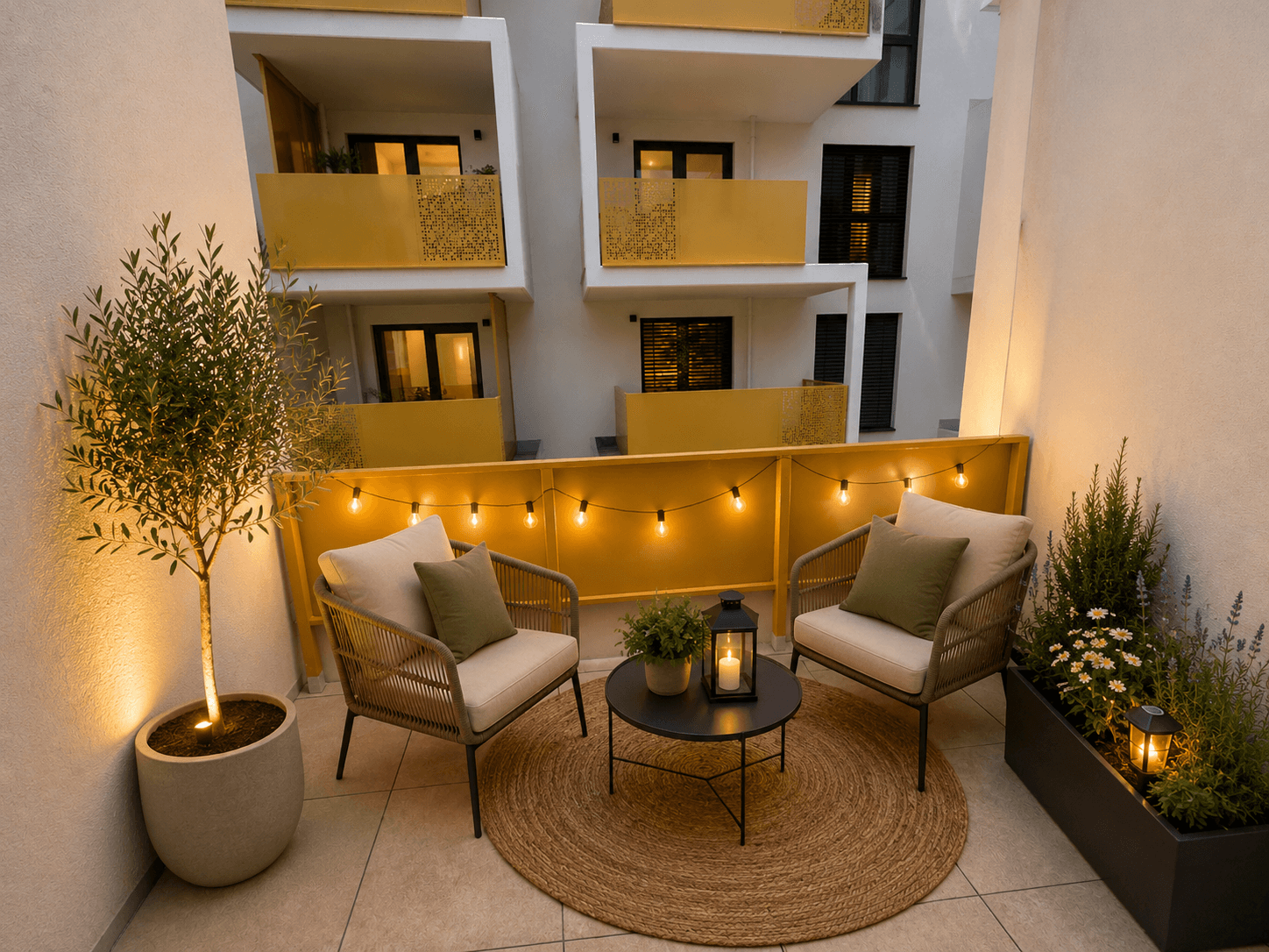 Gemütliche, beleuchtete Terrasse mit Sitzgelegenheiten und Pflanzen, umgeben von modernen Gebäuden.