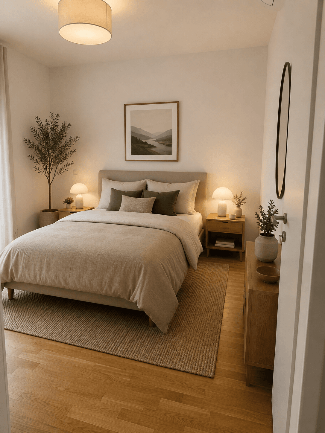 Ruhiges Schlafzimmer mit Doppelbett, Holzboden und minimalistischer Dekoration, hell und einladend.