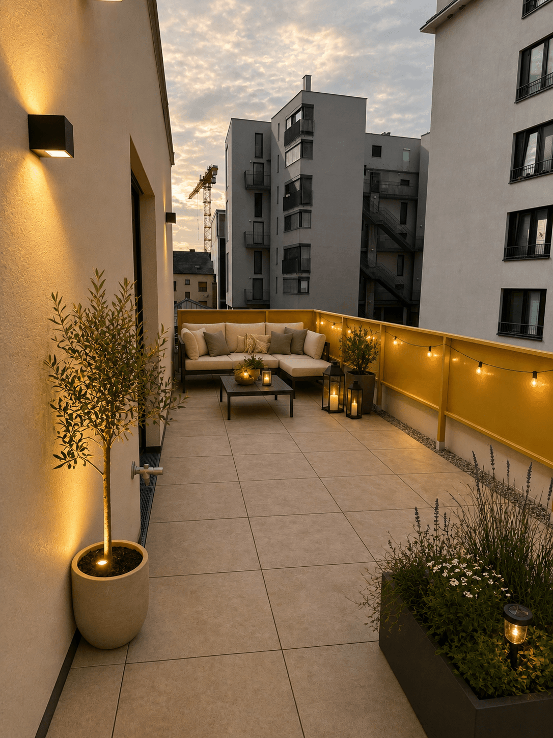 Geräumige Terrasse mit Lounge-Möbeln, Pflanzen und stimmungsvoller Beleuchtung bei Sonnenuntergang.