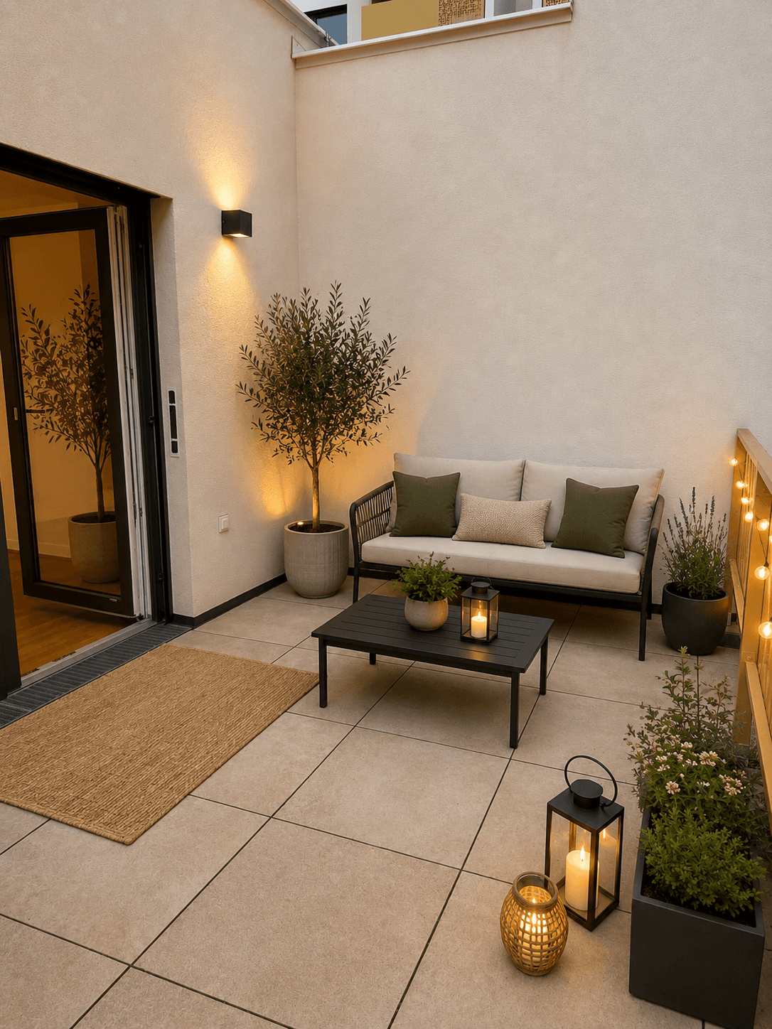 Gemütliche Terrasse mit bequemen Sitzmöbeln, Pflanzen und warmer Beleuchtung am Abend.