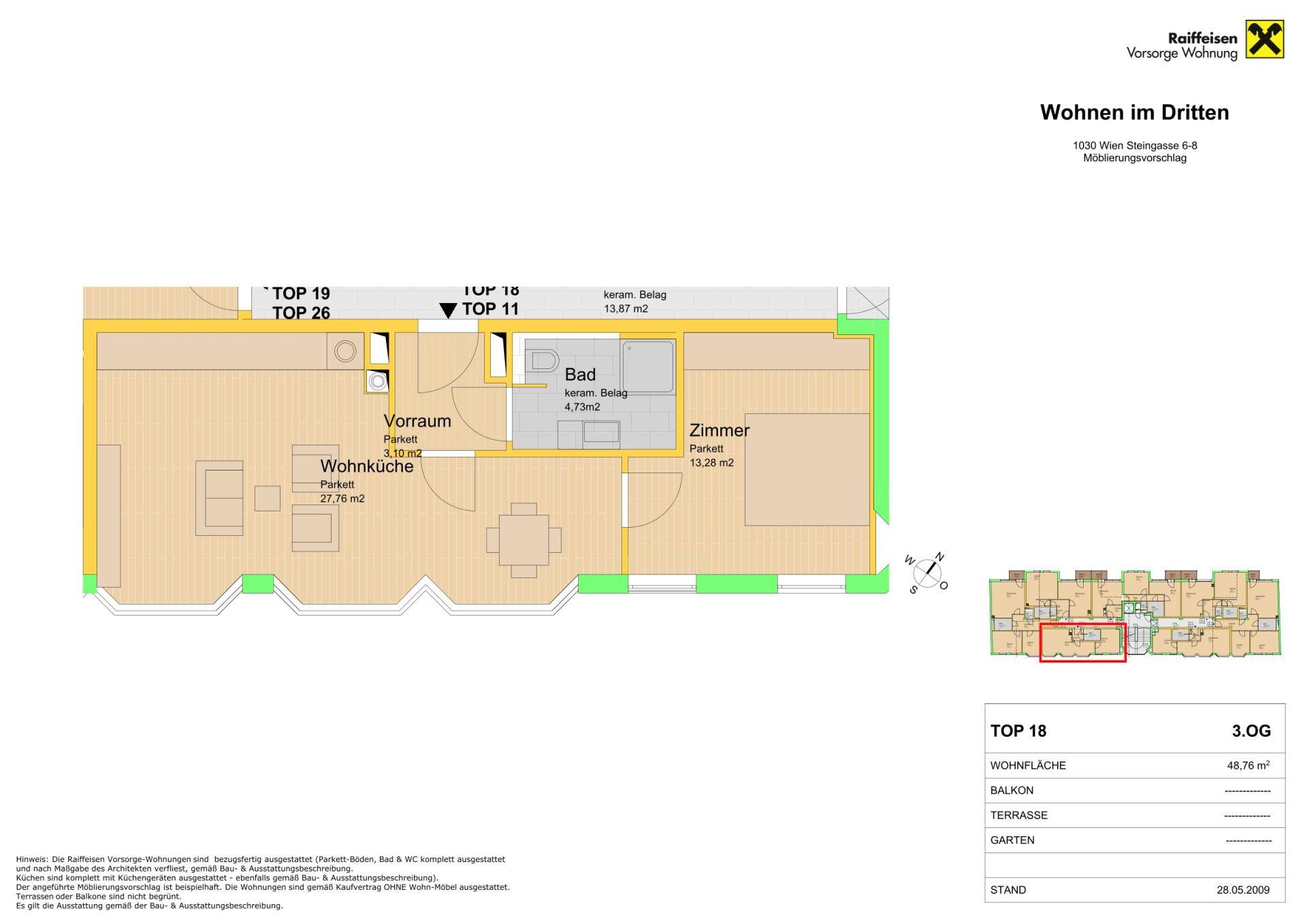 Grundriss der Wohnung TOP 18 mit Wohnküche, Zimmer, Bad und Balkon.