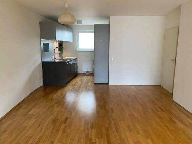 Offener Wohnbereich mit integrierter Küchenzeile und Holzboden, hell und geräumig.