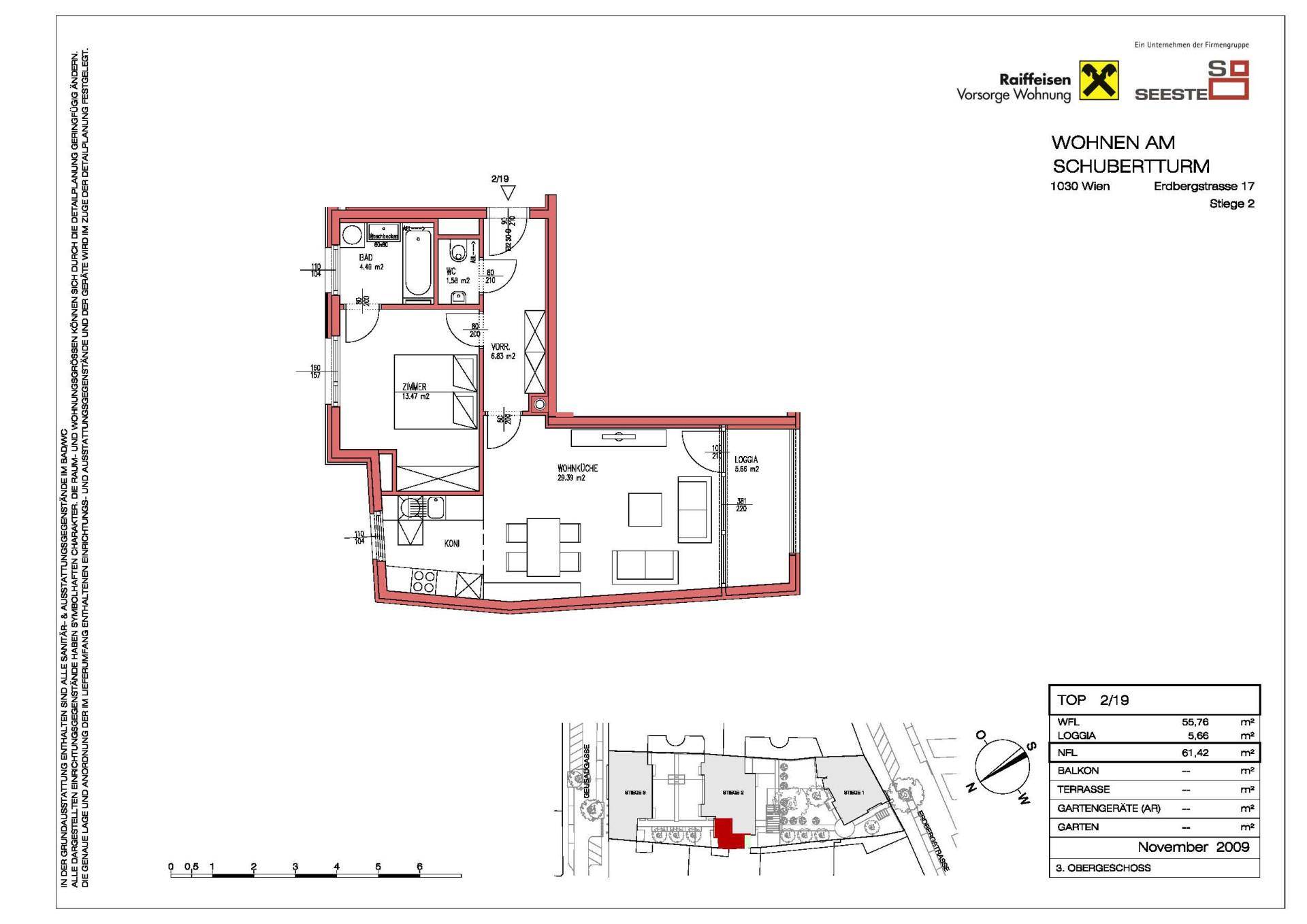 Grundriss einer Wohnung mit Wohnküche, Schlafzimmer und Loggia, Gesamtfläche 55,76 m².