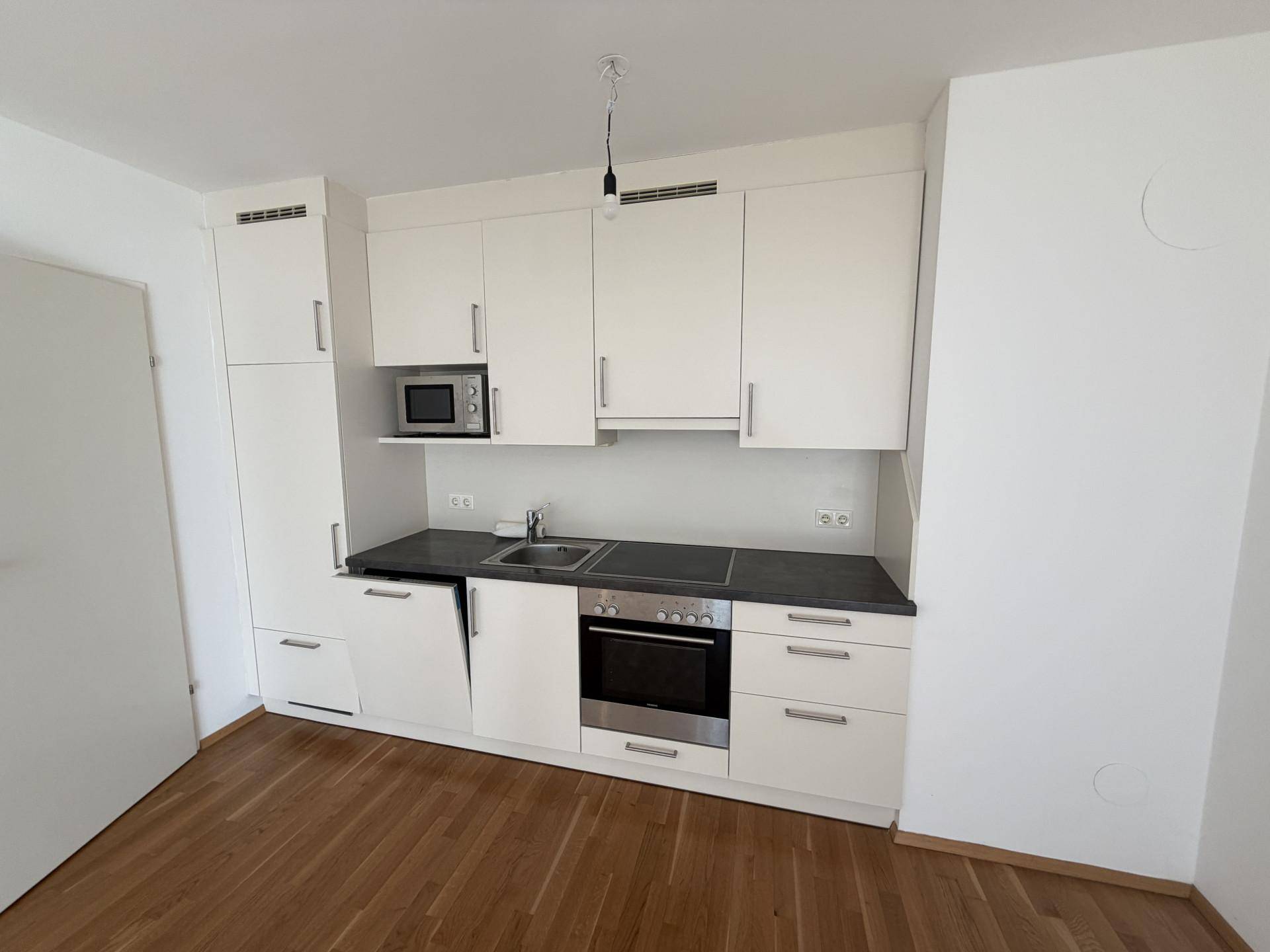Moderne Küchenzeile mit weißen Schränken, integrierten Geräten und dunkler Arbeitsplatte.