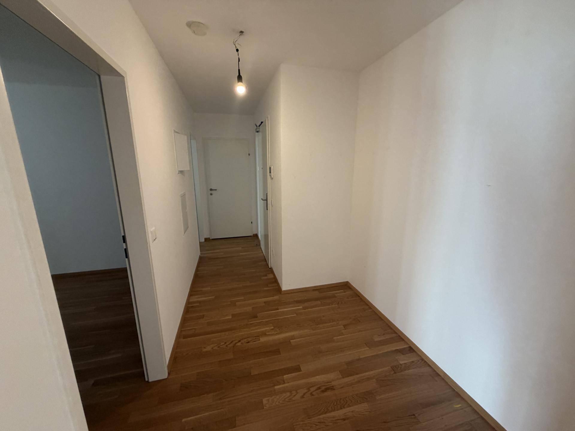 Heller Flur mit Parkettboden und weißen Wänden, der zu weiteren Räumen führt.