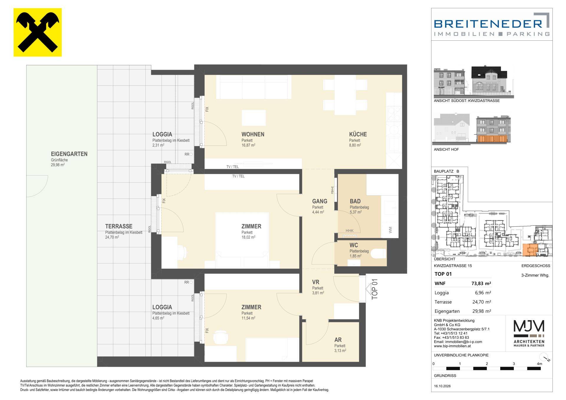 Grundriss einer 3-Zimmer-Wohnung mit offenem Wohnbereich, zwei Loggien, Terrasse und eigenem Garten.