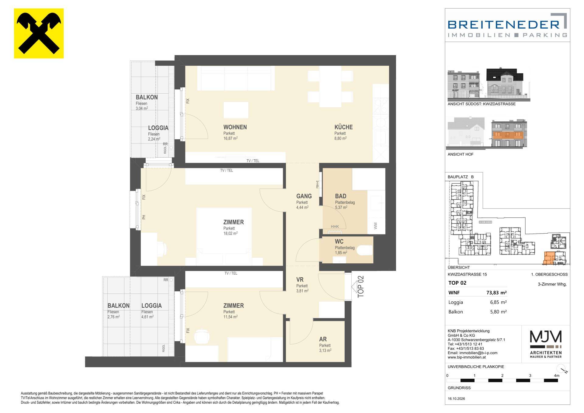 Grundriss einer 3-Zimmer-Wohnung mit offenem Wohnbereich, zwei Schlafzimmern, Bad, Gäste-WC, Abstellraum und zwei Balkonen mit Loggien.