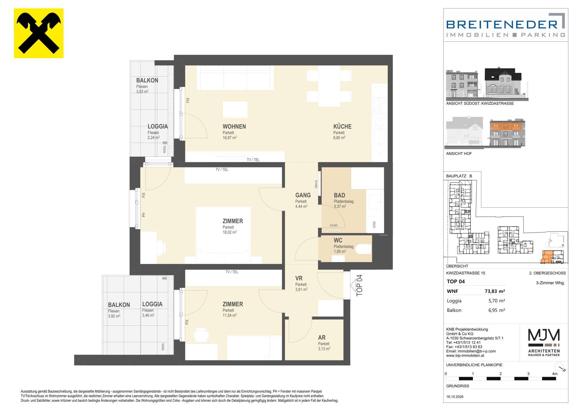 Grundriss einer 3-Zimmer-Wohnung mit offenem Wohnbereich, zwei Balkonen und einer Loggia.