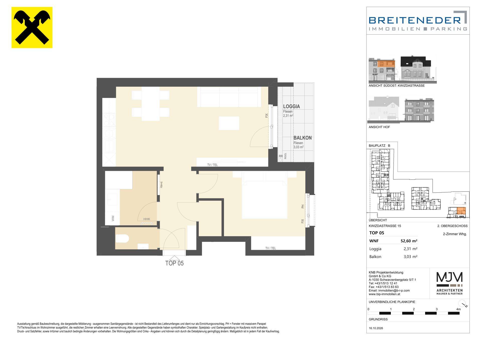 Grundriss einer 2-Zimmer-Wohnung mit offenem Wohnbereich, Schlafzimmer, Bad, separatem WC, Loggia und Balkon.