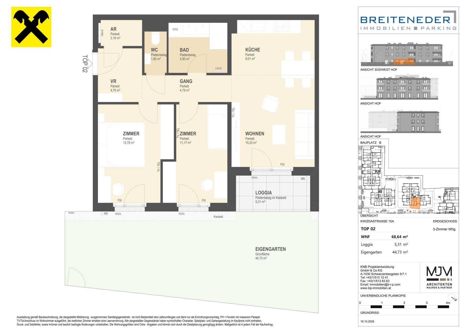 Grundriss einer 3-Zimmer-Wohnung mit Loggia, eigenem Garten, separatem WC und Bad.