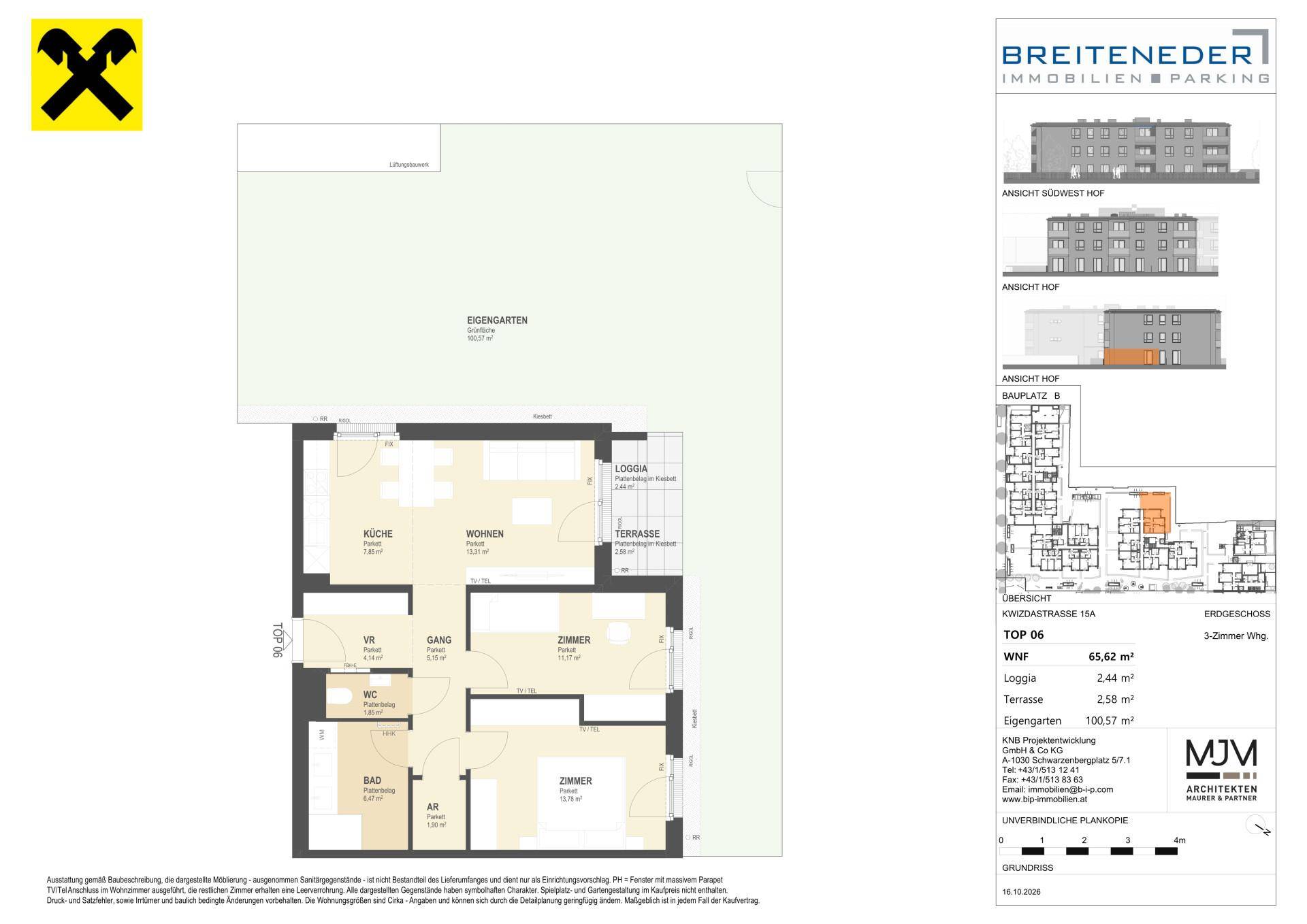 Grundriss einer 3-Zimmer-Wohnung mit privatem Garten, Loggia, Terrasse und separatem WC.